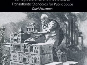 Book cover for Philanthropy and Light features a grayscale illustration of a man constructing a city from rectangular blocks. In the background, classical buildings with columns, large libraries, and factories with smokestacks emitting smoke are visible. The overall design is monochromatic with detailed architectural elements.
