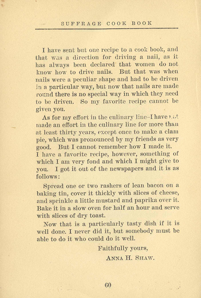 Anna Howard Shaw’s written contribution to the Suffrage Cook Book, 1915.