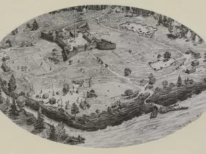 Black and white aerial illustration of an early American settlement featuring labeled buildings, cultivated fields, gardens, a river with canoes, and groups of people engaged in daily activities; the settlement is surrounded by trees and dense forest.
