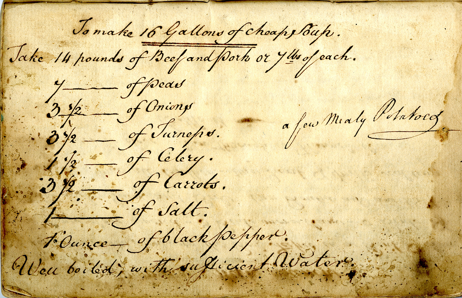 Recipe from 1800: to make 16 gallons of cheap soup.
