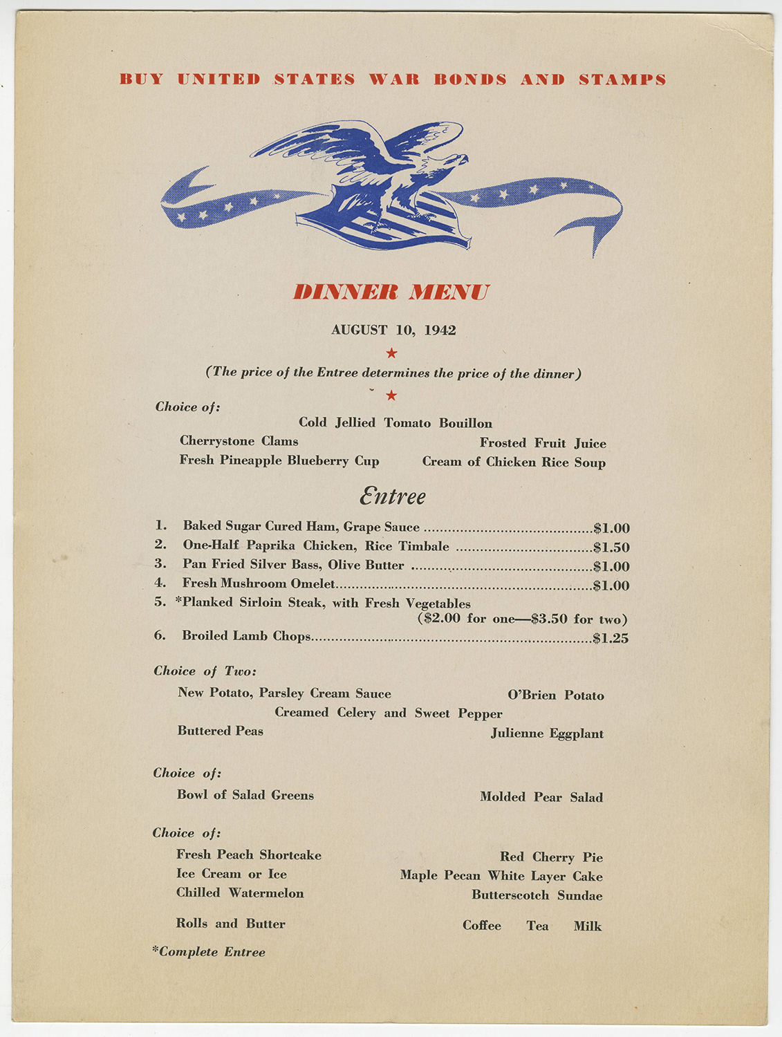 Dinner menu, 1942, Kaufmann's Dining Room