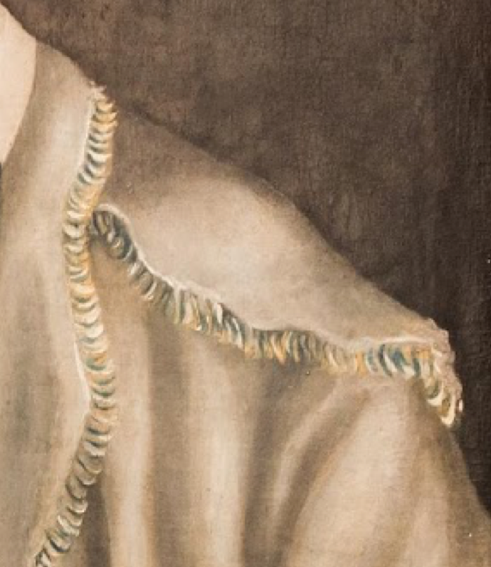 Detail of the multi-colored fringe on Smith’s hunting shirt. Contrasting with the fabric of the body, such fringe would have been woven separately and applied to the finished garment.