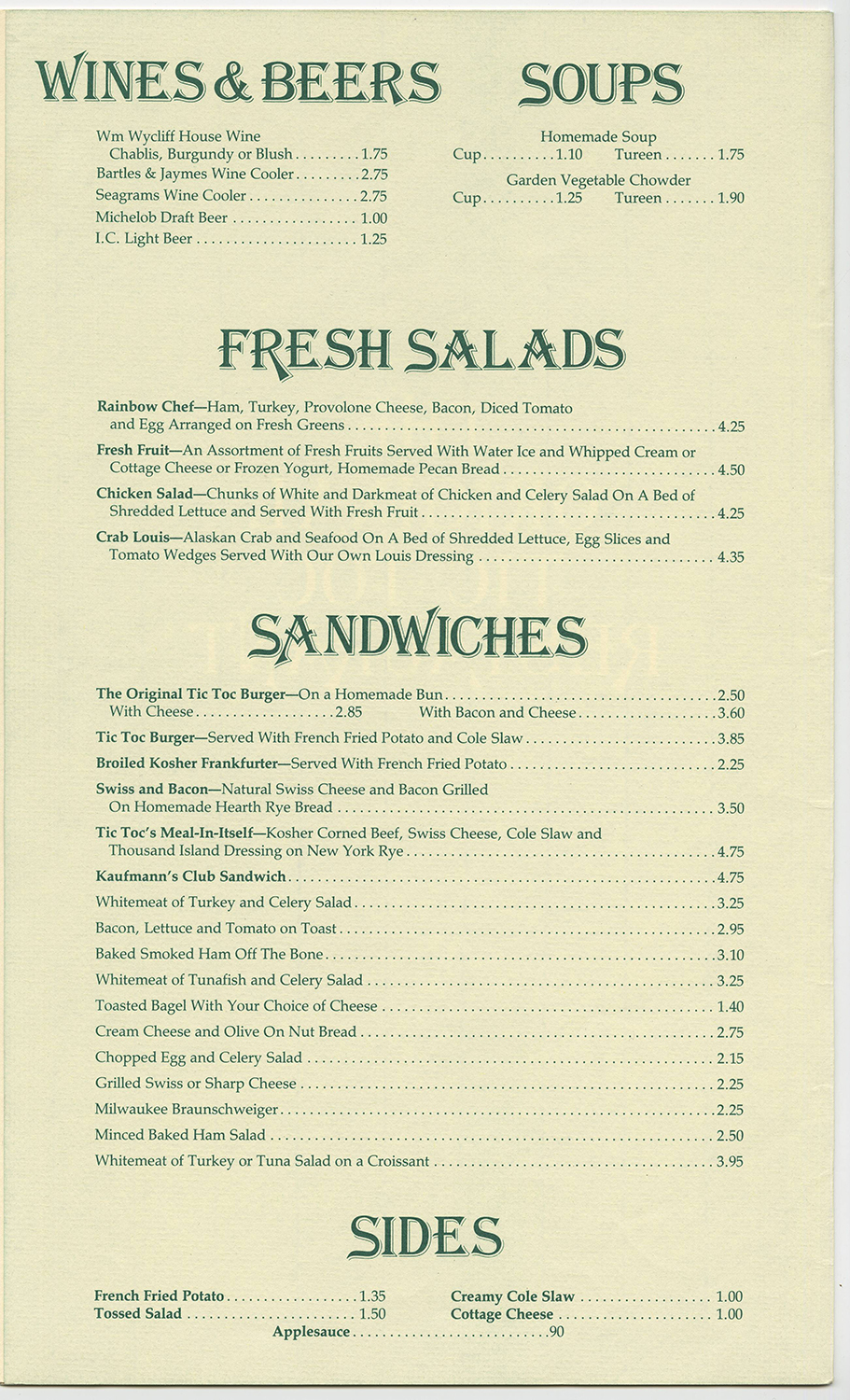 An inside page of the Tic Toc Restaurant menu, Kaufmann's Department Store.