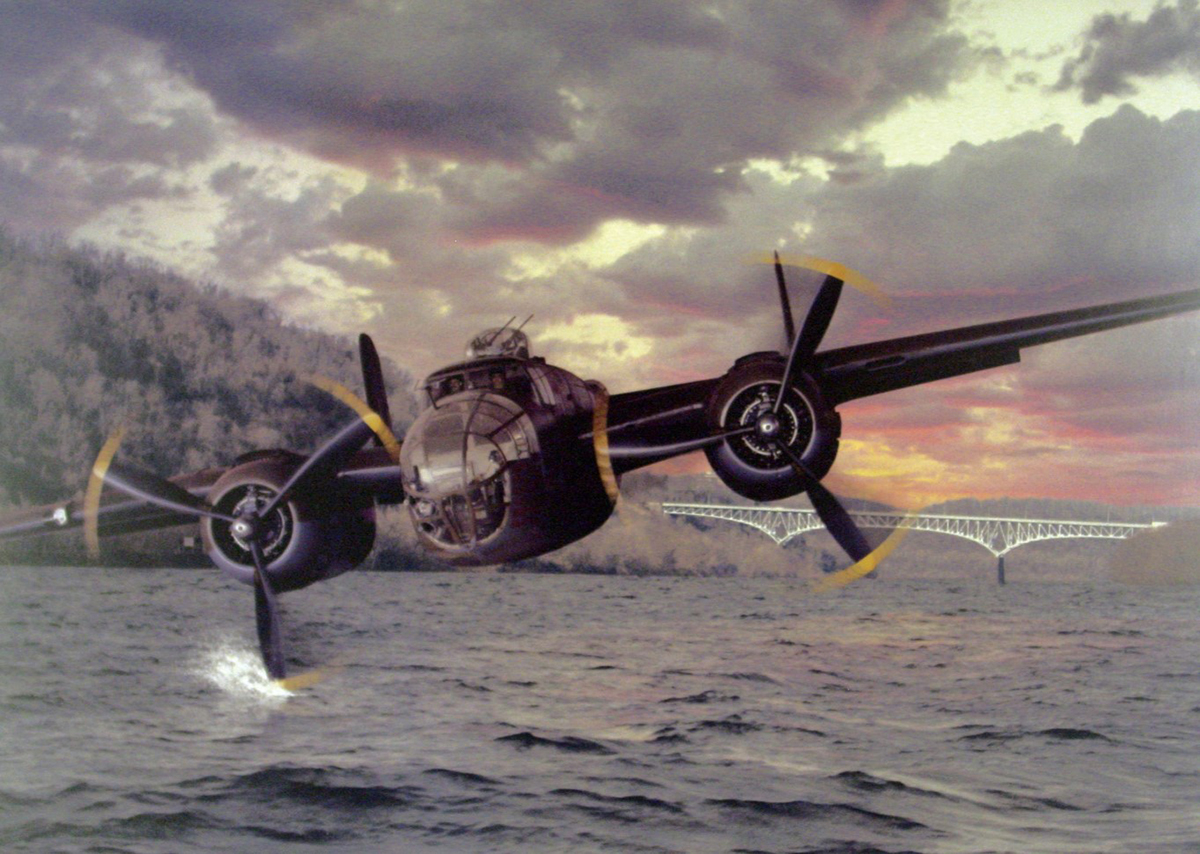 Illustration of the B-25 bomber over the Monongahela River. <em>Courtesy of the B-25 Recovery Group.</em>