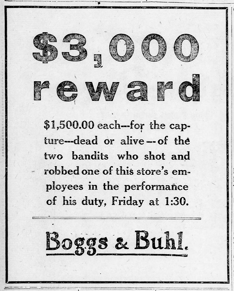 Reward advertisement from Boggs & Buhl Department Store. | Uncovering Crime: Documenting Pittsburgh’s Criminal Past | Heinz History Center