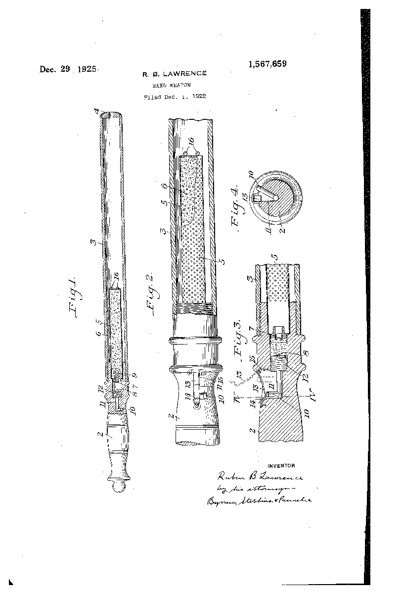 Patent drawing for a gas delivery hand weapon, filed December 1922 | Uncovering Crime: Documenting Pittsburgh’s Criminal Past | Heinz History Center