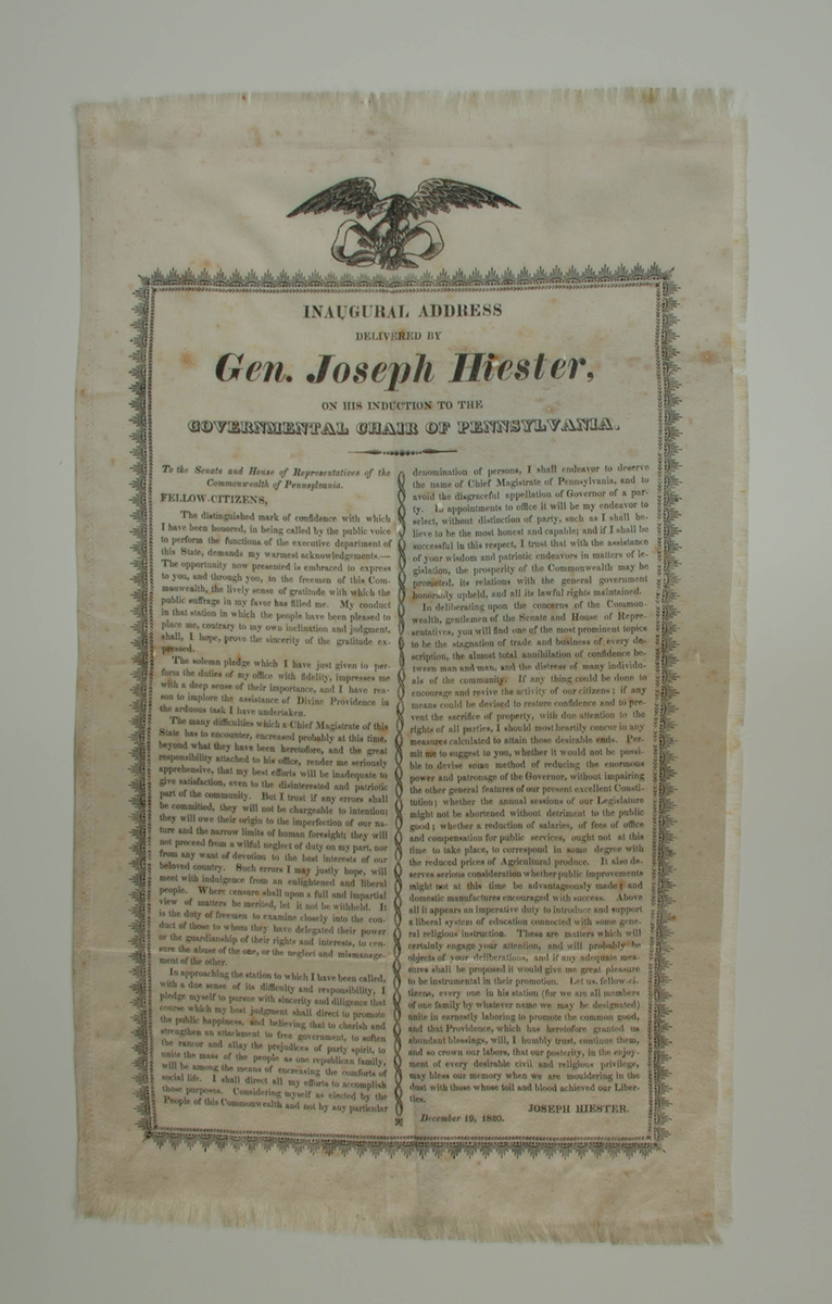 Large silk ribbon with the text of Pennsylvania Governor Joseph Hiester’s inaugural address. 2015.22.857 Krasik Collection of Pennsylvania and Presidential Political Memorabilia, Heinz History Center.