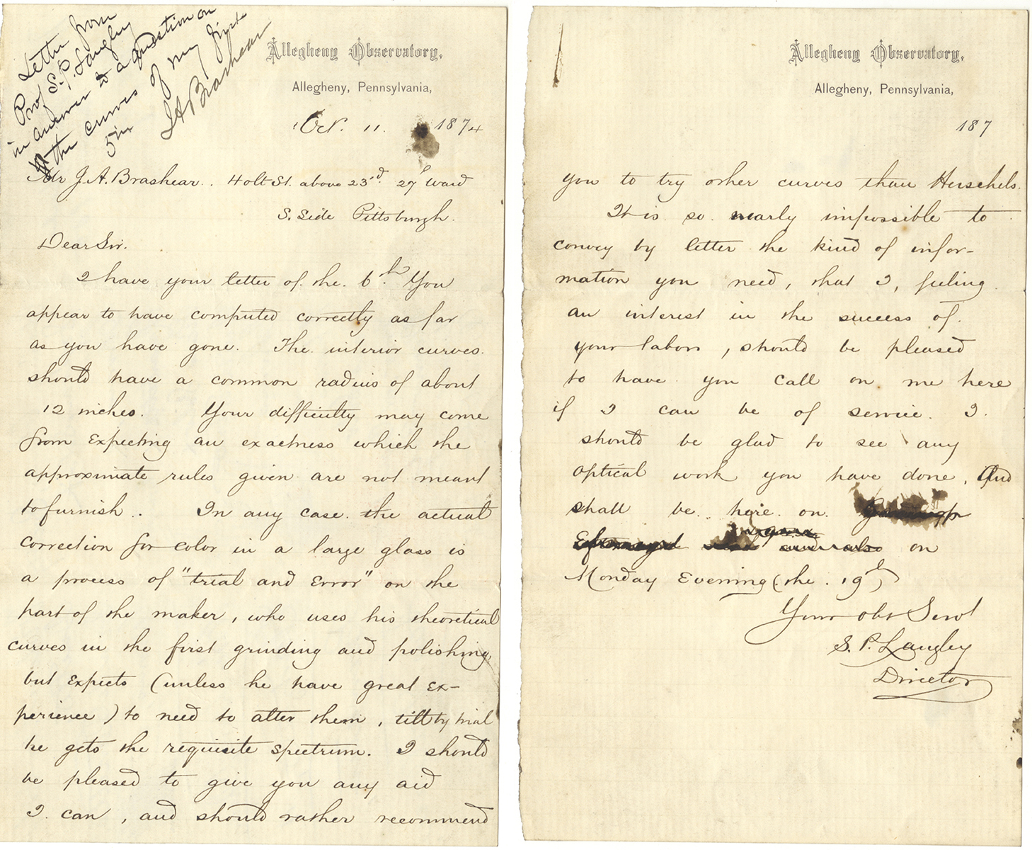 Letter dated October 11, 1874, from Samuel P. Langley to John Brashear, Heinz History Center.