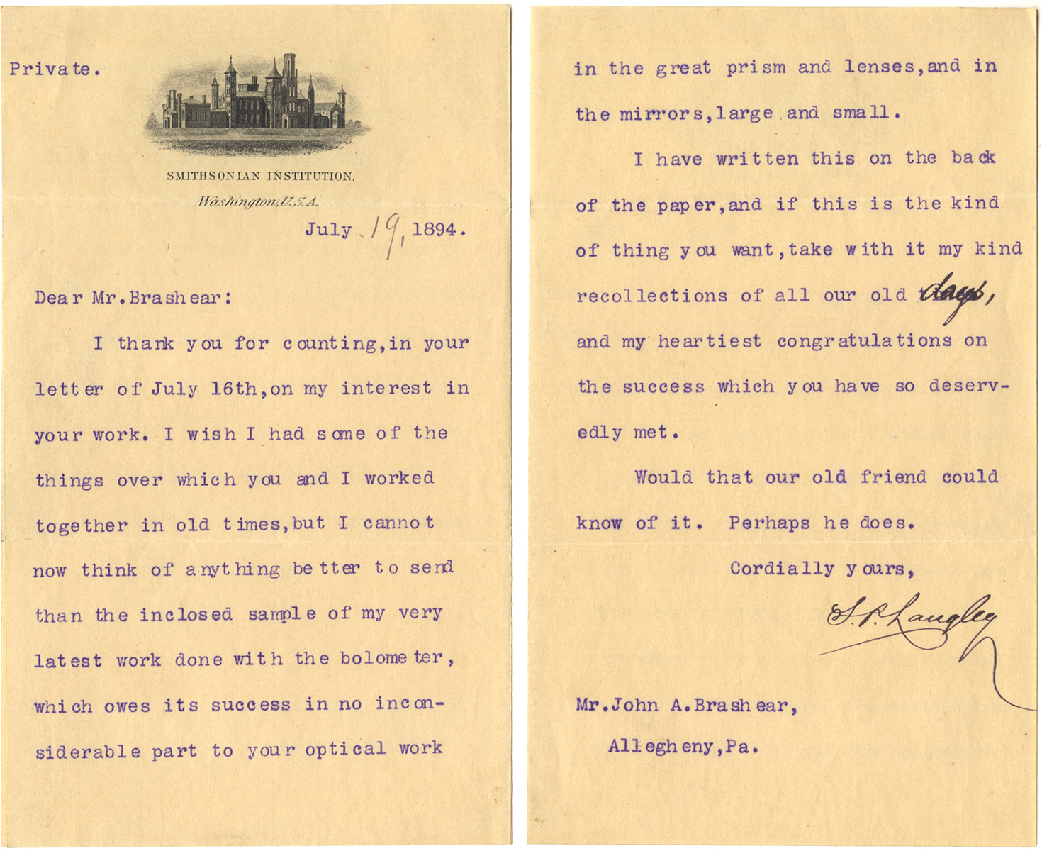 Letter from Samuel P. Langley on Smithsonian Institution letterhead, dated July 19, 1894, Heinz History Center. Letter from Samuel P. Langley on Smithsonian Institution letterhead, dated July 19, 1894, Heinz History Center.
