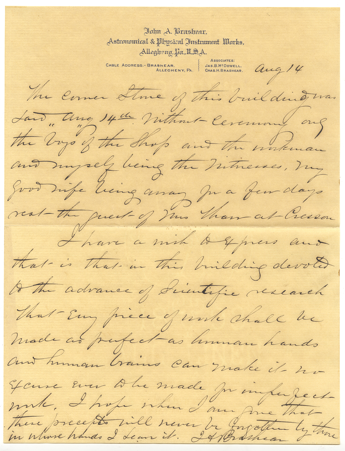 Letter written by John Brashear on Aug. 14, 1894, Heinz History Center.
