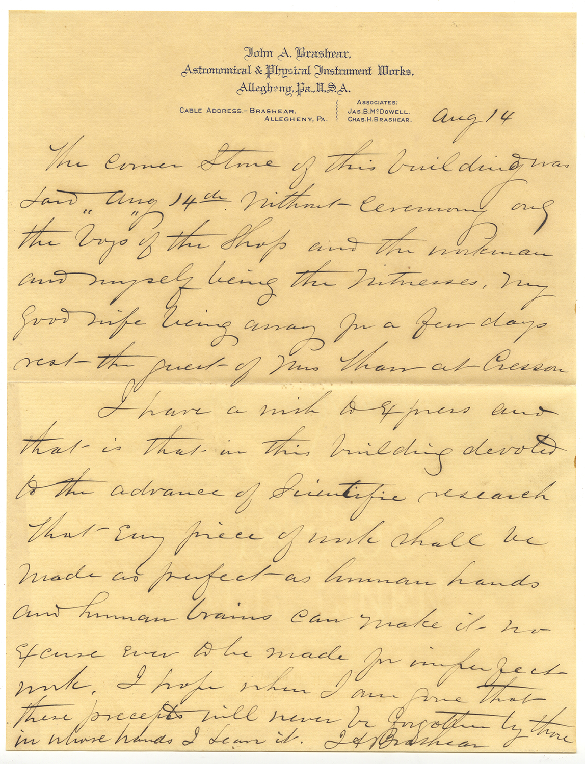 Letter written by John Brashear on Aug. 14, 1894, Heinz History Center. Letter written by John Brashear on Aug. 14, 1894, Heinz History Center.