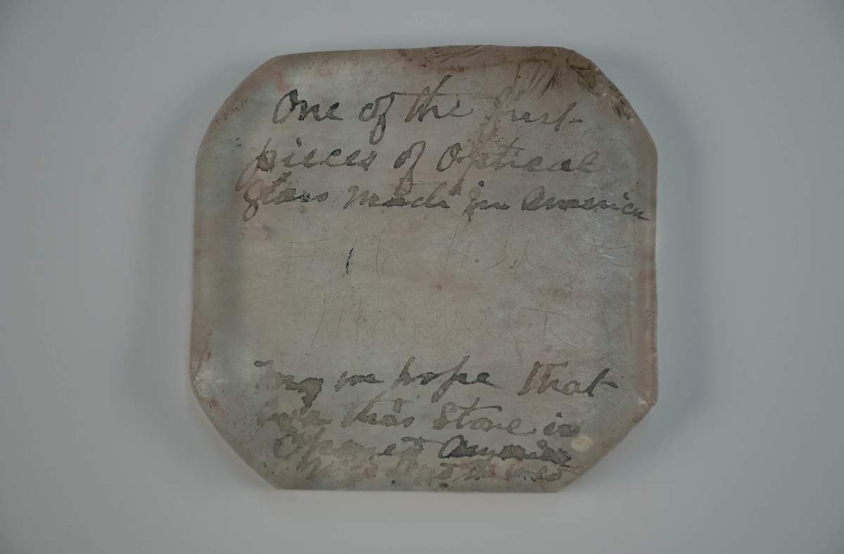 Small, rough piece of glass from the Brashear time capsule, Heinz History Center. Small, rough piece of glass from the Brashear time capsule, Heinz History Center.