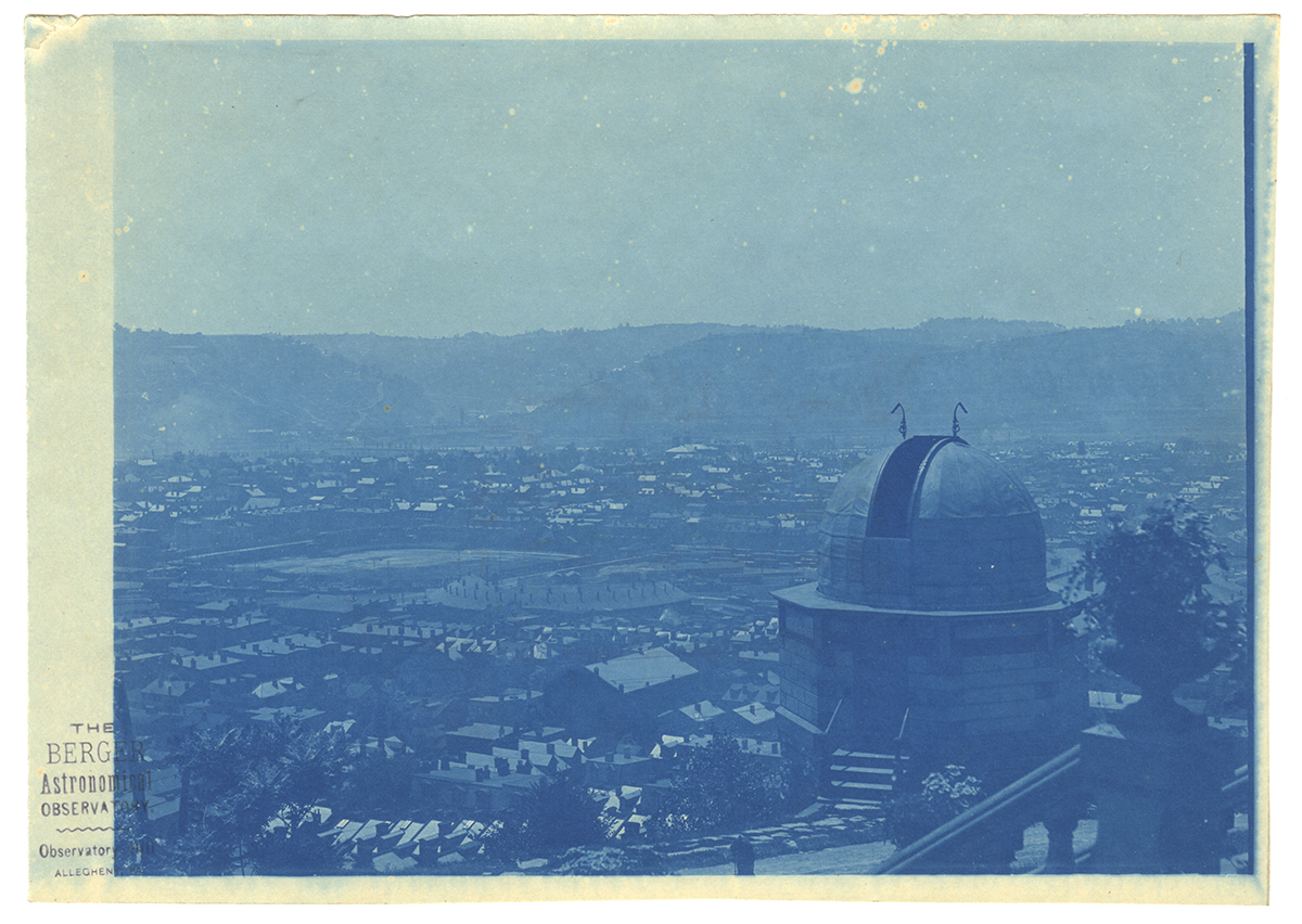 Cyanotype of Berger’s Observatory with a rare view of Recreation Park ballpark visible as a field in the background at left, Heinz History Center.