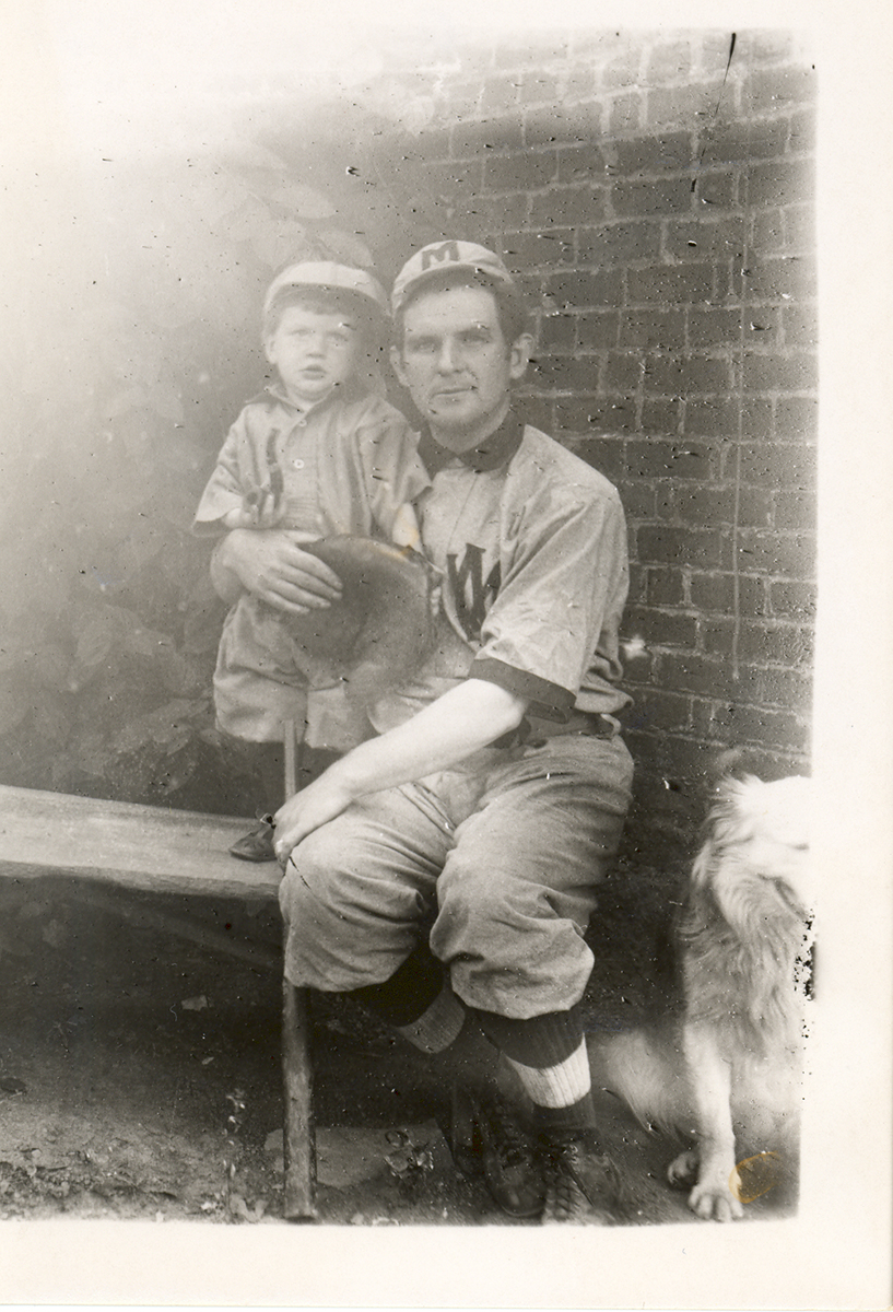 Portrait of Frank France in West Middletown baseball uniform with unknown child.