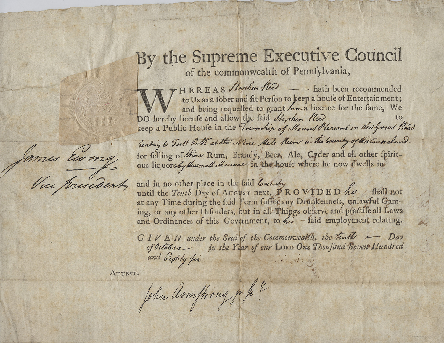 License allowing Stephen Reed to operate a public house and sell liquor, 1786. MFF 2741, Detre Library & Archives, Heinz History Center. License allowing Stephen Reed to operate a public house and sell liquor, 1786. MFF 2741, Detre Library & Archives, Heinz History Center.