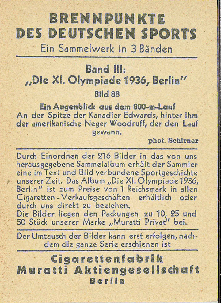 Back of the 1936 Muratti Brennpunkte des Deutschen Sports trading card.