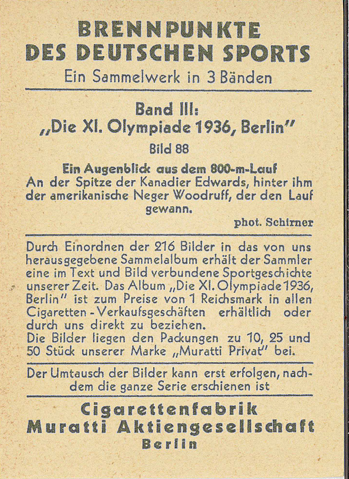 Back of the 1936 Muratti Brennpunkte des Deutschen Sports trading card. Back of the 1936 Muratti Brennpunkte des Deutschen Sports trading card.