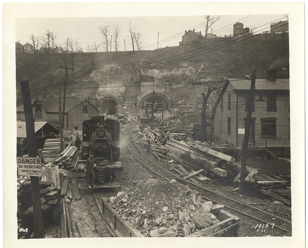Construction in progress on the Liberty Tunnels, 1920-21. Heinz History Center.