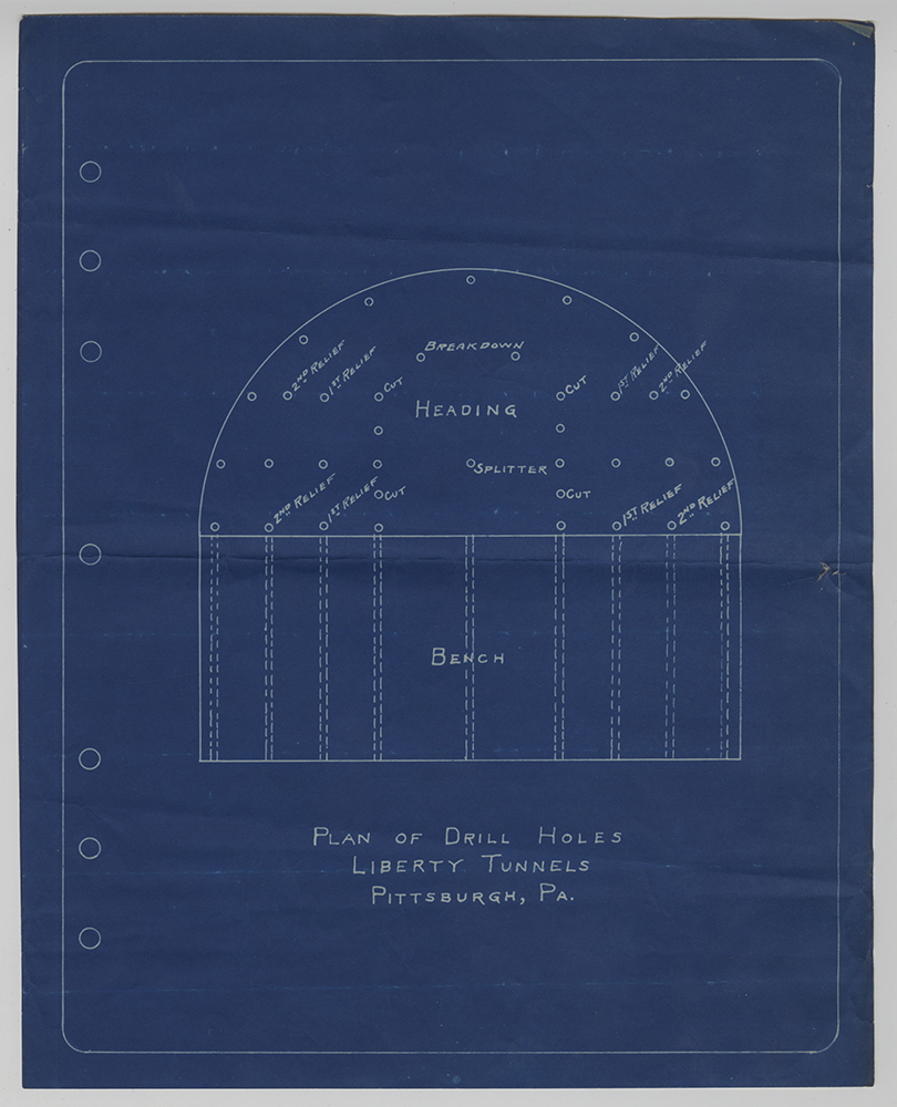 Blueprint for the plan of drill holes, Liberty Tunnels, c. 1919-1920. Heinz History Center.
