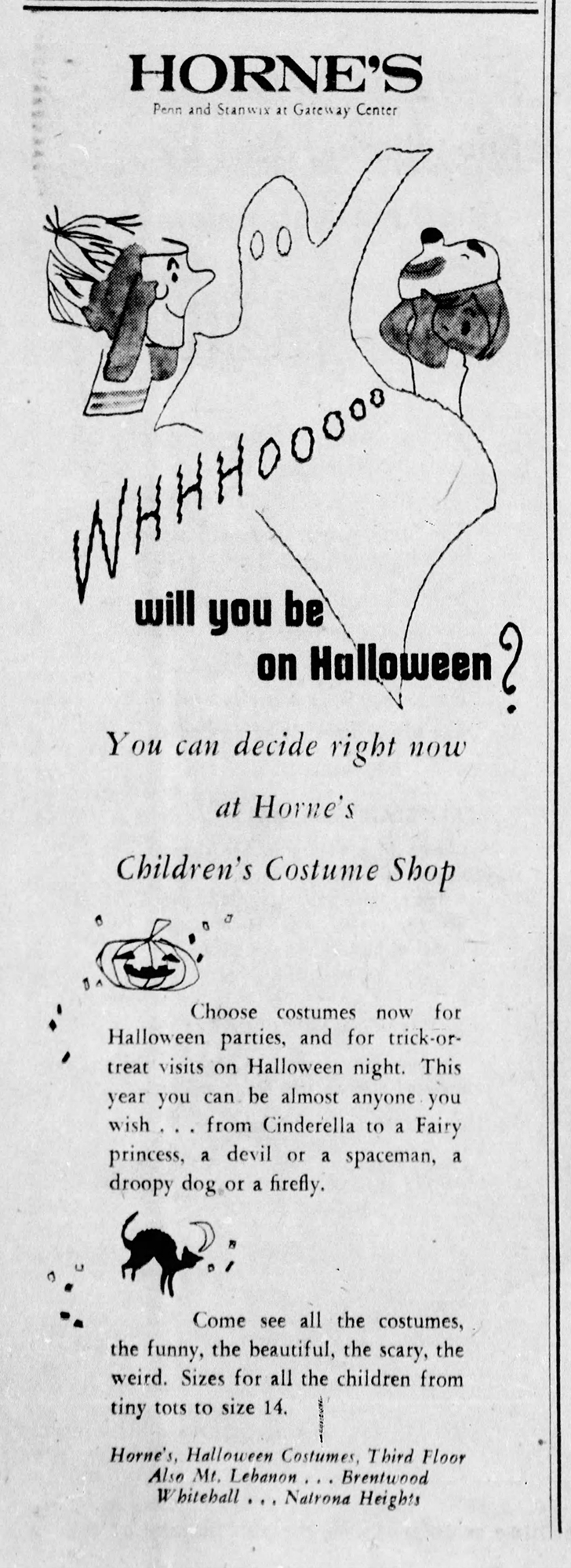 Advertisement for Horne’s Children’s Costume Shop, Pittsburgh Post-Gazette, October 1, 1956. Heinz History Center.