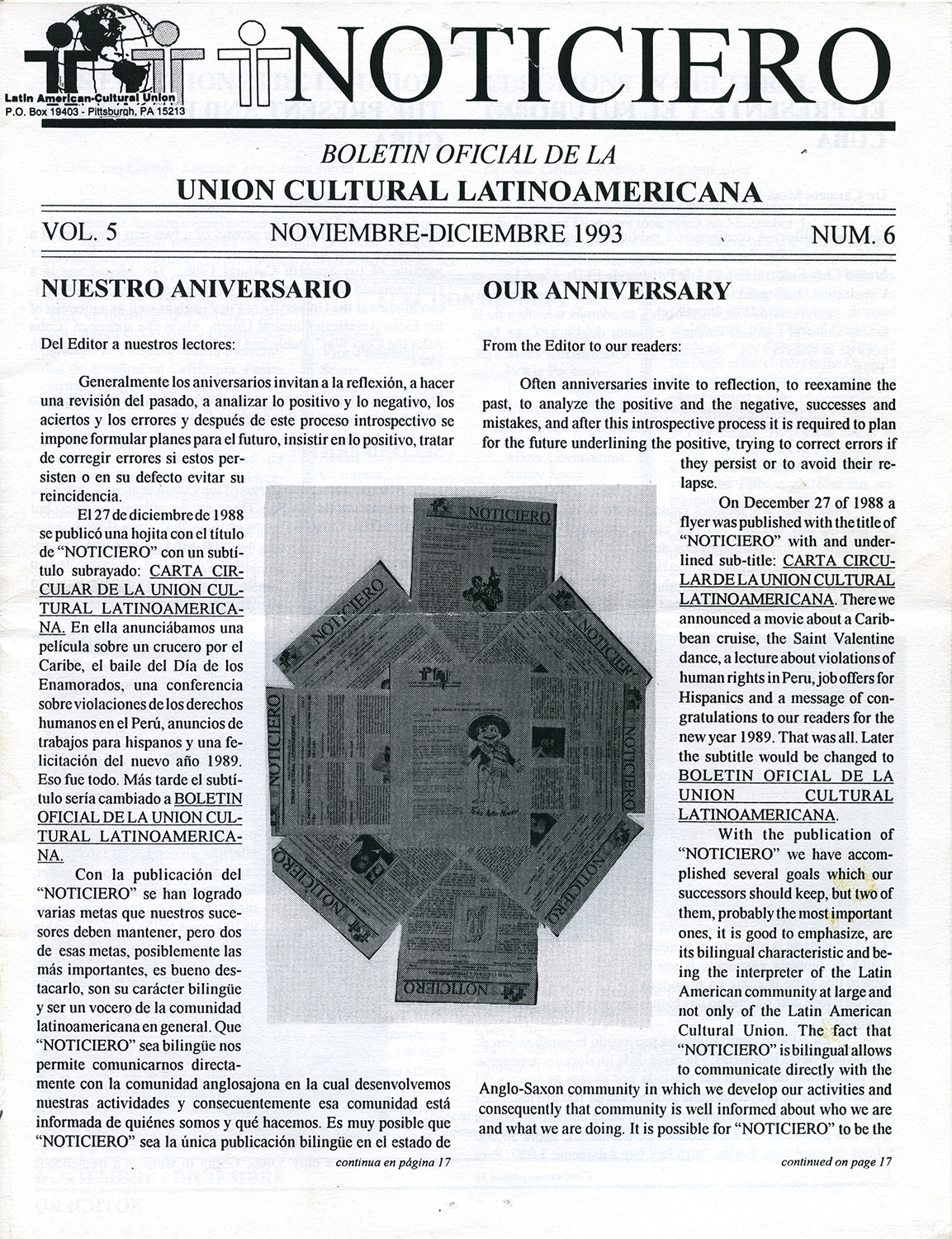 Front page of the November/December 1993 issue of Noticiero, a newsletter issued by the of Pittsburgh’s Latin American Cultural Union. Heinz History Center.