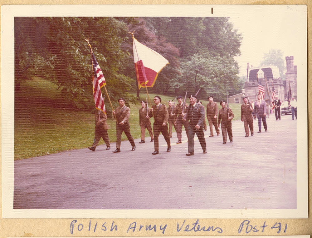 Polish Army veterans marching outside Allegheny Cemetery to celebrate the U.S. bicentennial, 1976. Heinz History Center.