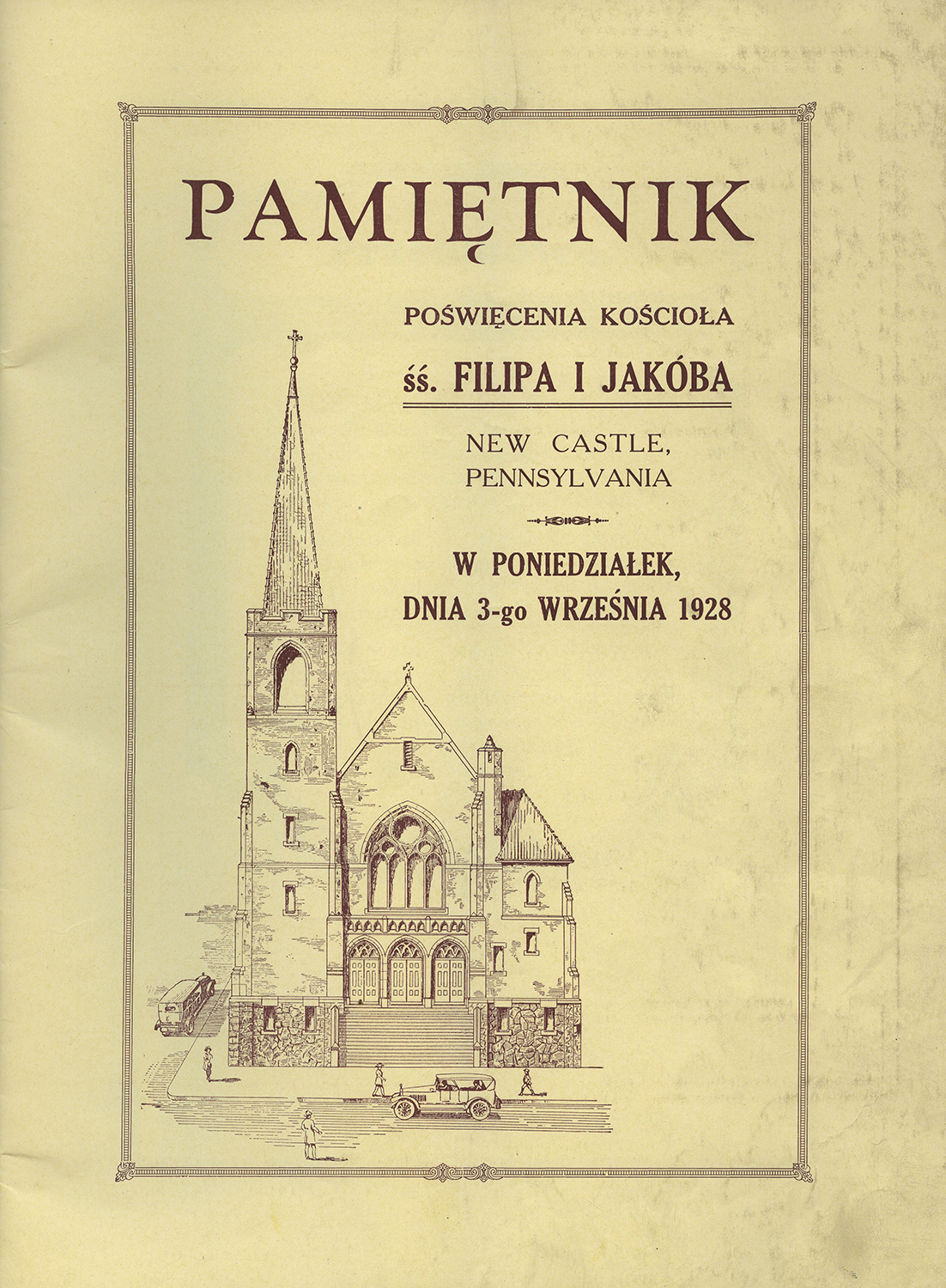 Page from a program for the dedication of the Saints Phillips and James Church in New Castle, Pa., which served a Polish ethnic parish. Heinz History Center.