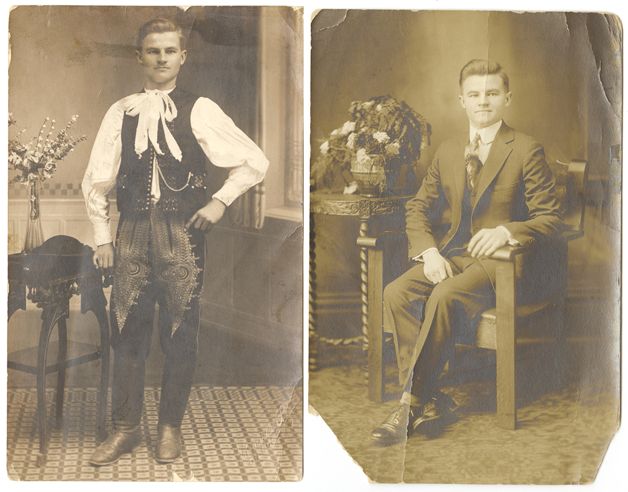 George Hasko in his native Slovak outfit and his American clothes, 1920s. | Heinz History Center