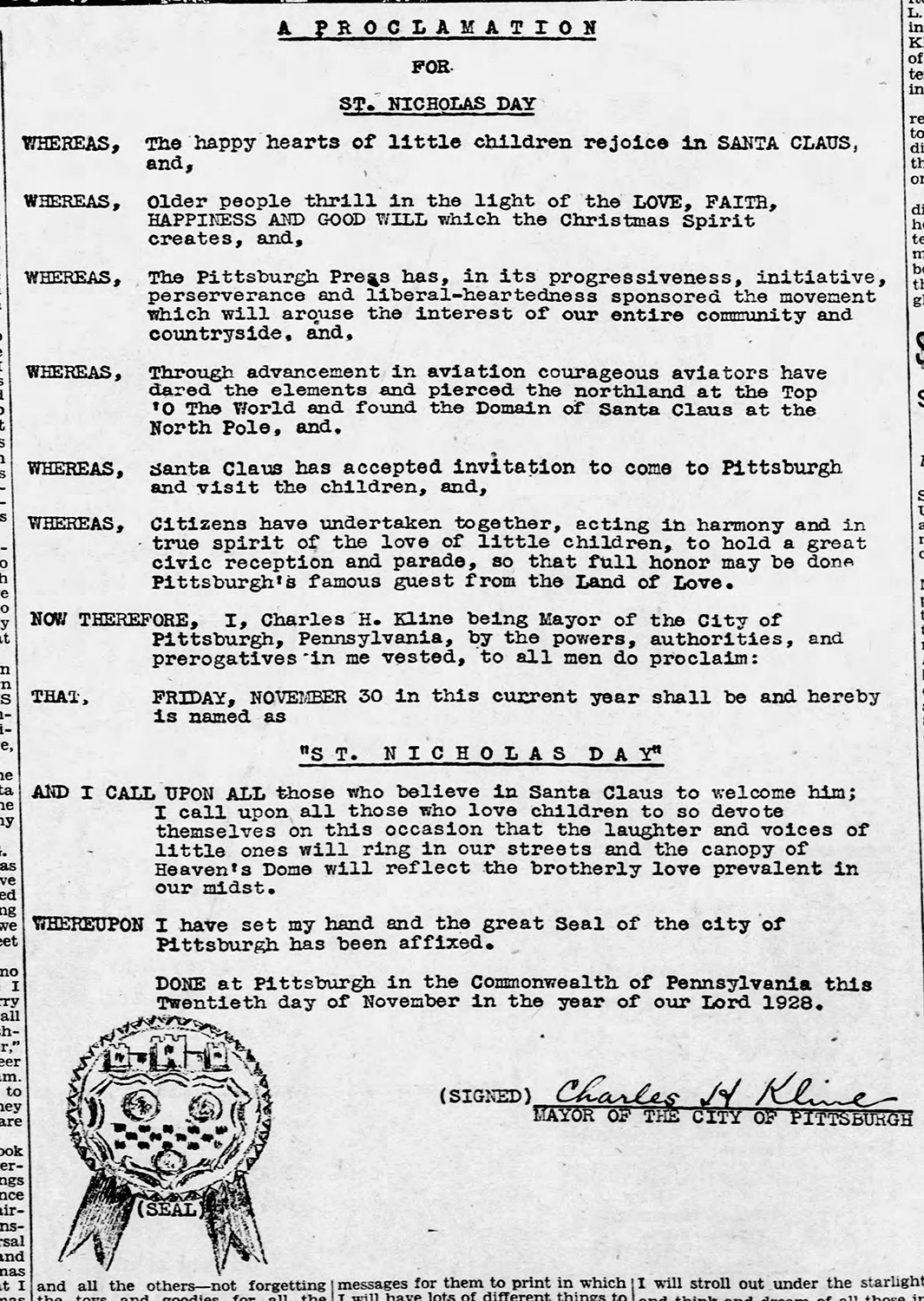 Pittsburgh Mayor Charles H. Kline announced the arrival of “St. Nicholas Day” on November 30, 1928 with a proclamation published in The Pittsburgh Press on November 18, 1928.