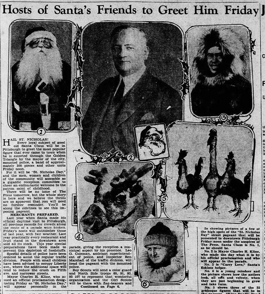 “Hail St. Nicholas!” greeted readers in this article covering Pittsburgh’s holiday kick off in 1928. “Hail St. Nicholas!” greeted readers in this article covering Pittsburgh’s holiday kick off in 1928.