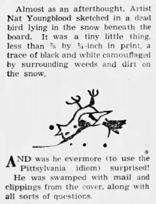 In April 1961, The Pittsburgh Press published a section about readers’ reactions to the dead bird found in Youngblood’s February illustration.