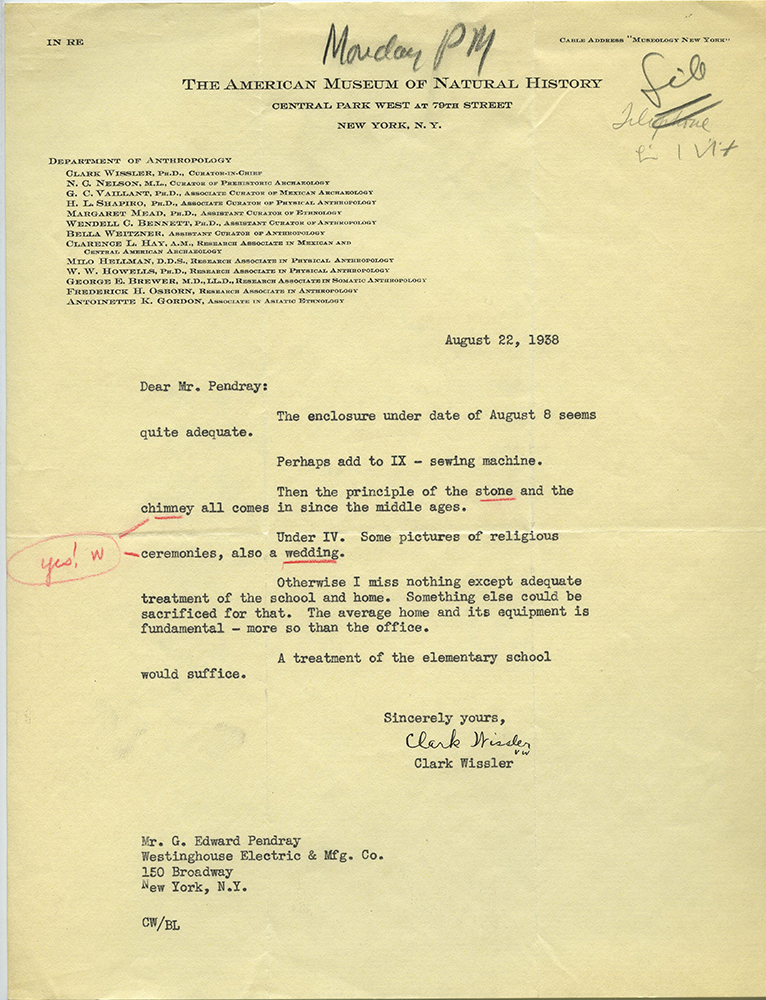 Letter from Clark Wissler, curator-in-chief of the Department of Anthropology at the American Museum of Natural History, to Pendray concerning the contents of the Westinghouse Time Capsule.