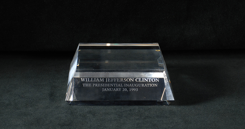 Sample glass stand for Bill Clinton’s inaugural gift in 1993. Gift of Lenox Incorporated. Heinz History Center.