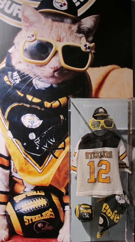Pudgie Wudgie’s Steeler fan outfit on display in the Western Pennsylvania Sports Museum, 2017. Gift of Frank Furko.