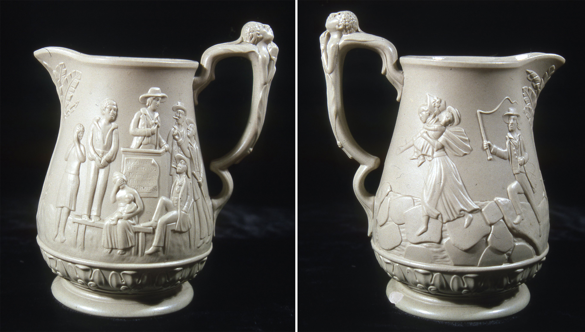 Anti-slavery pitcher, made by E. Ridgeway & Abington, Hanley, England, c. 1853. Gift of Julia A. Grimstad.
