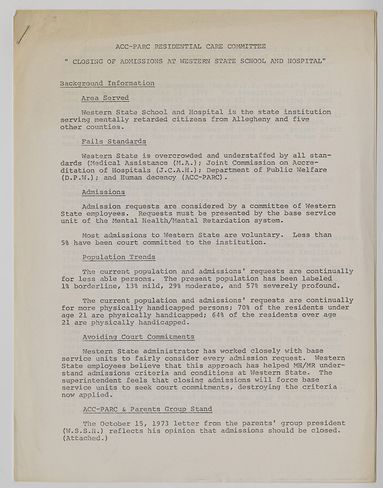 1_MSS_1002_B03_I01: "Closing of Admissions at Western State School and Hospital” drafted by Residential Care Committee of ACC-PARC in c. 1974. | Heinz History Center