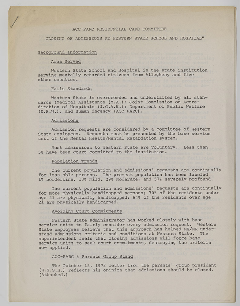 1_MSS_1002_B03_I01 1_MSS_1002_B03_I01: "Closing of Admissions at Western State School and Hospital” drafted by Residential Care Committee of ACC-PARC in c. 1974. | Heinz History Center