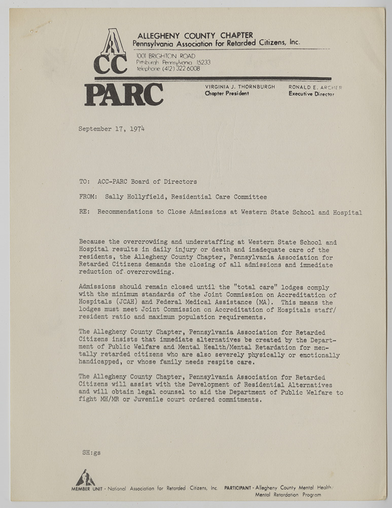 5_MSS_1002_B03_I05: Written recommendations by ACC-PARC advocating the closure of further admissions to WSSH. | Heinz History Center