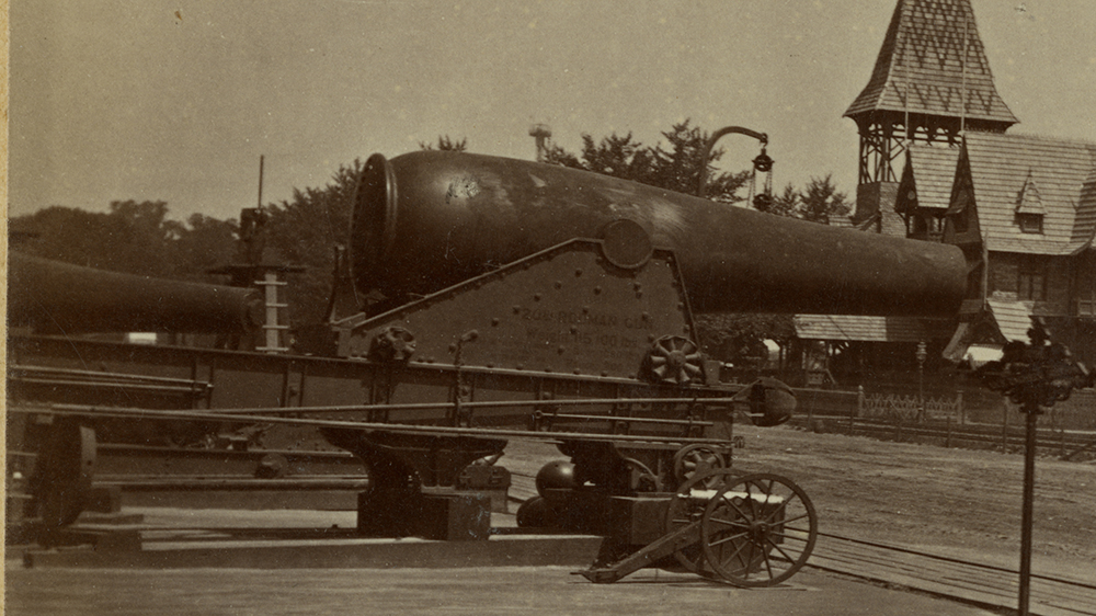 Little Mountain Howitzer cannon next to the 20-inch Rodman gun as a featured attraction at the 1879 Centennial International Exposition in Philadelphia, Pa.