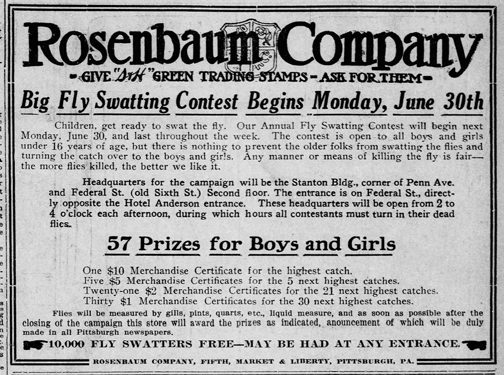 Announcement for the Big Fly Swatting contest, The Rosenbaum Company Department Store, Pittsburgh Post-Gazette, June 26, 1913. | Heinz History Center