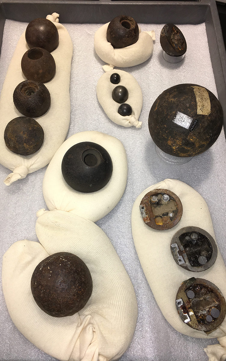 Allegheny Arsenal cannonballs, from the cache of 1,250 recovered in 1972, deactivated and sectioned at Picatinny Arsenal, NJ.