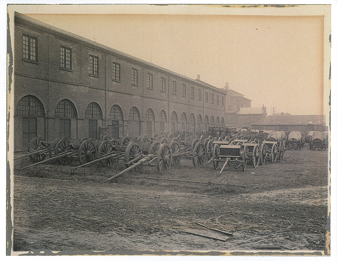 Horse-drawn caissons and limbers, pictured here, carried chests of artillery ammunition. After the Civil War, these vehicles were parked at Allegheny Arsenal and the ammunition unloaded and stacked.