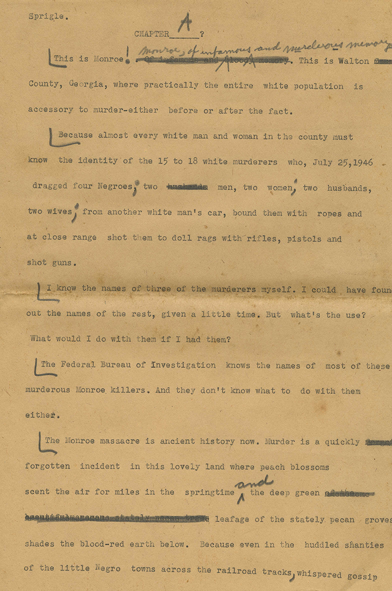 First page of a draft for an article from the “I was a Negro in the South for 30 Days” series. Ray Sprigle Papers and Photographs, Detre Library & Archives at the History Center.