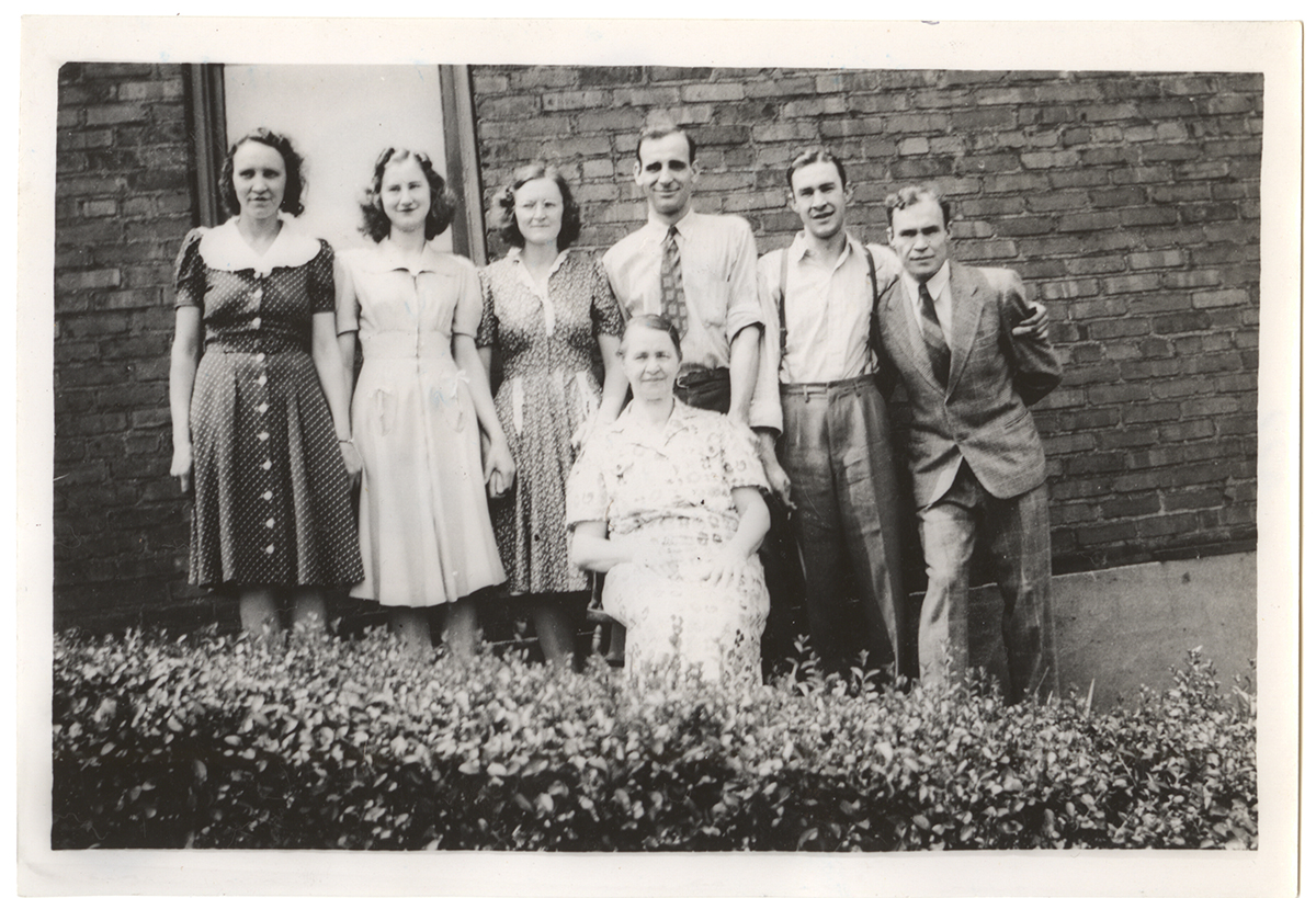 Mary with her six children (left to right) Marie, Vera, Amelia, Joseph, Julius, and George, 1940s. From the Rajcan family collection, Detre Library & Archives at the History Center.