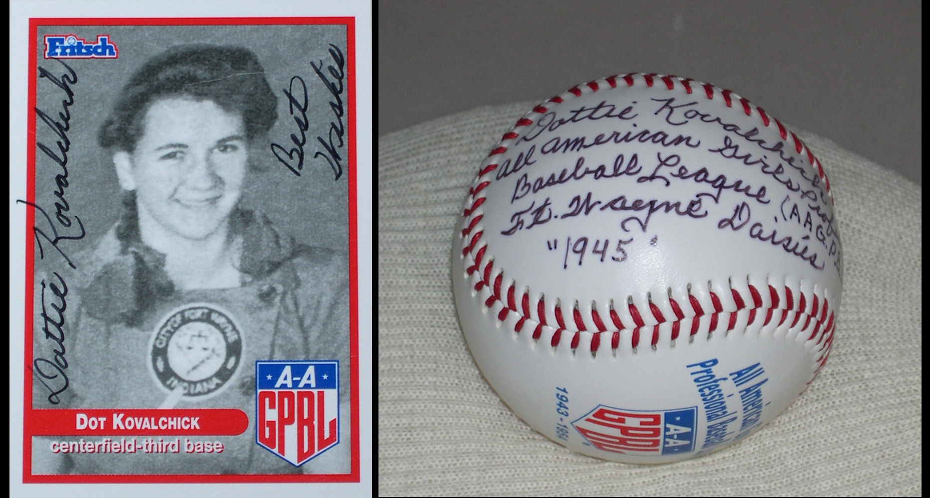 Dottie Kovalchick signed baseball and trading card. | Heinz History Center