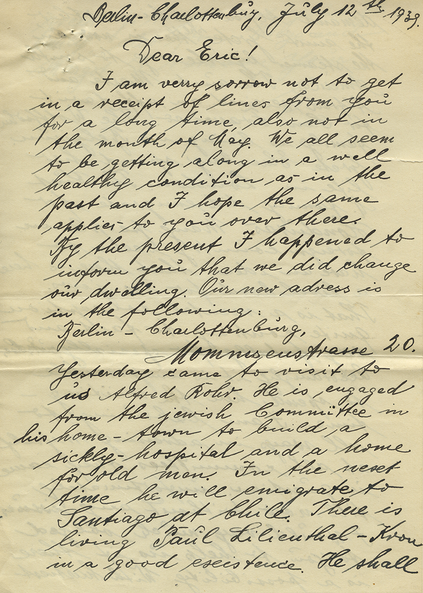 Letter from Julius Huttner to Eric Moses, in English (1939). Eric Moses papers, Detre Library & Archives at the History Center.