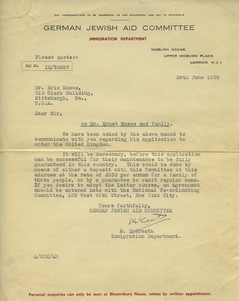 Letter addressed to Eric Moses from the German Jewish Aid Committee, in English (1939). Eric Moses papers, Detre Library & Archives at the History Center.