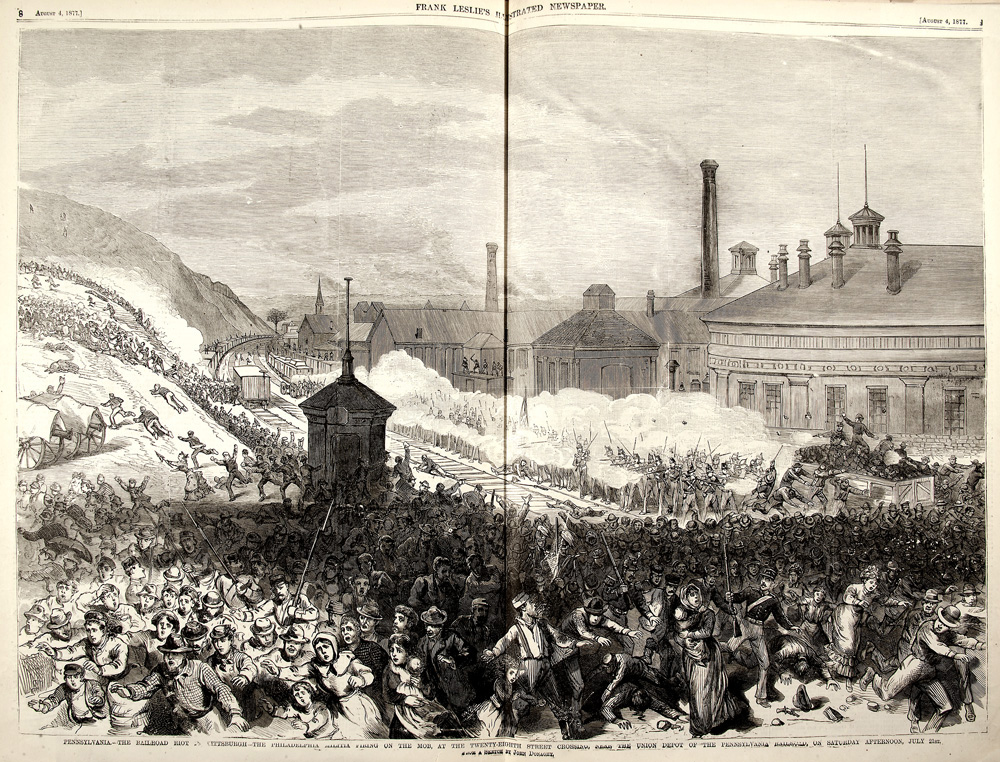 “The Philadelphia Militia firing on the mob, at the Twenty-Eight Street Crossing near the Union Depot of the Pennsylvania Railroad, July 21st” | Picturing Protest: The Great Railroad Strike of 1877