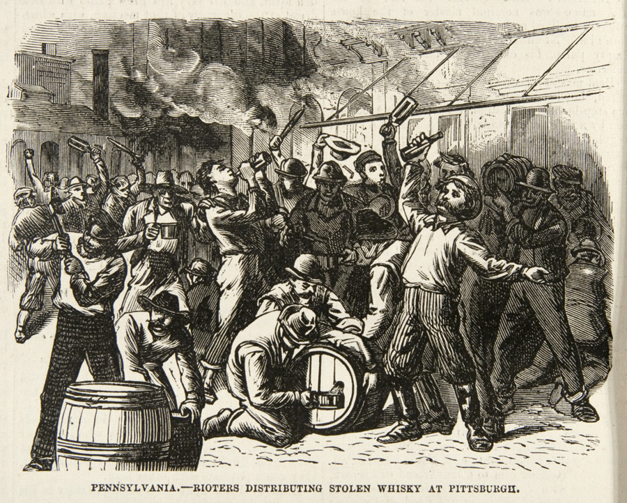 “Rioters distributing stolen whiskey at Pittsburgh,” Frank Leslie’s Illustrated Newspaper, August 4, 1877. | Picturing Protest: The Great Railroad Strike of 1877