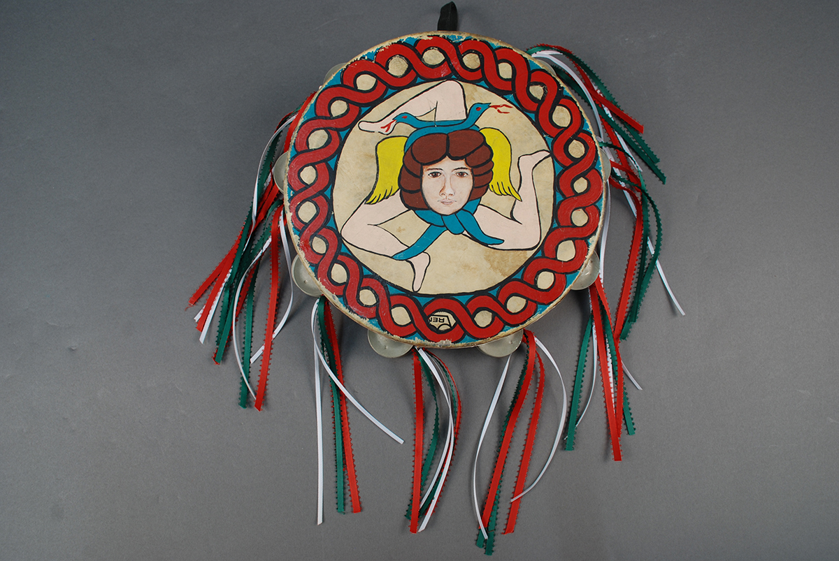 Hand painted tambourine used by I Campagnoli members, 1980s. Heinz History Center Collections, gift of Anna Marie Fiori.